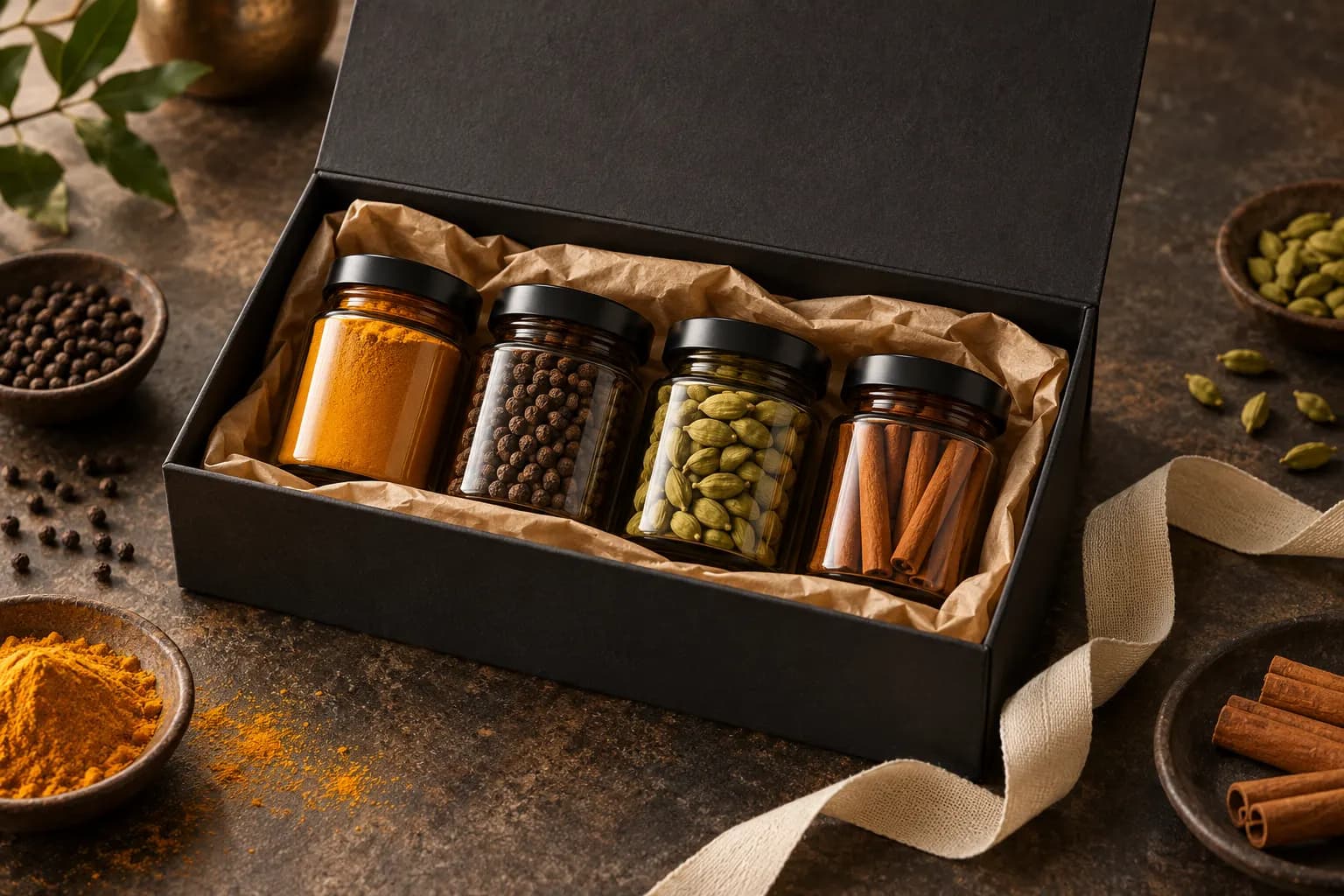 An editorial arrangement of spice jars in a presentation box