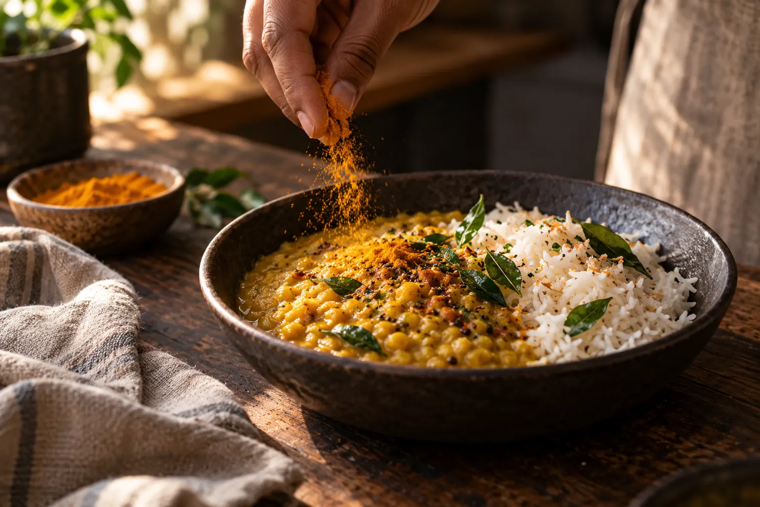Turmeric being added to a bowl of dhal